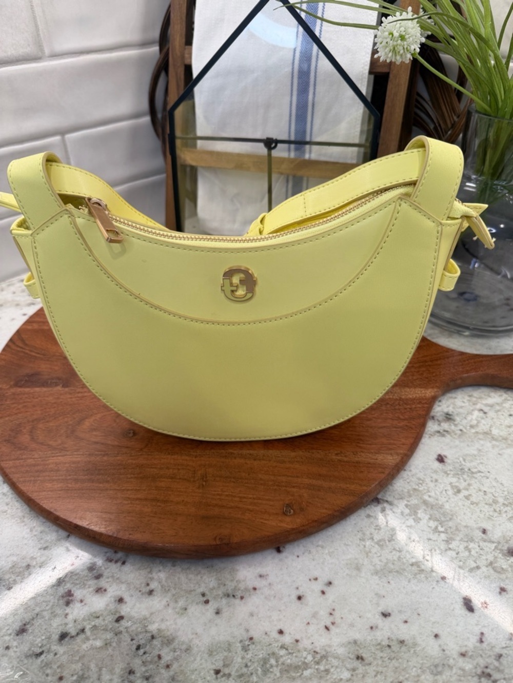 Time and Tru Pale Yellow Crescent Shoulder Bag with Gold Accent